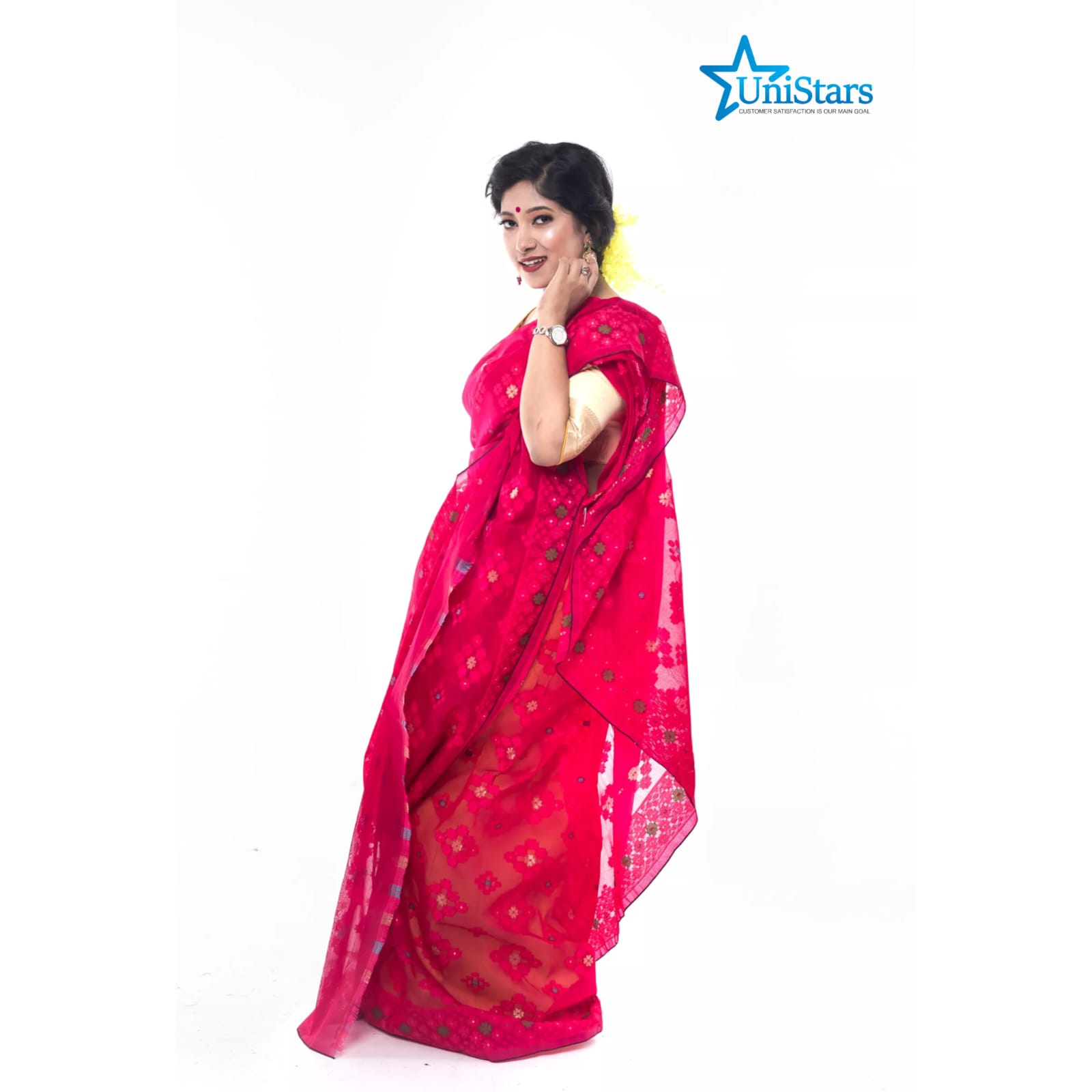 UniStars Half-Silk Saree in Rose Red